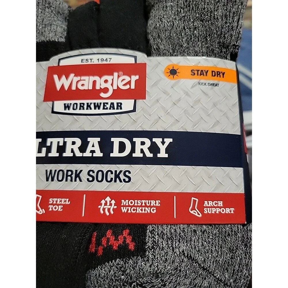 Ultra Dry Work Socks Wrangler Mens Cushion Crew Size 6-12 6 Pair Steel Toe